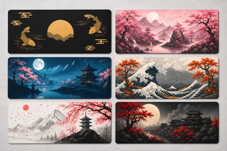 Planche des six motifs de la collection japonaise Tapigami : lune d'or et carpes koï, cerisiers roses, pagode au clair de lune, Grande Vague et Fuji, cerisier à l'encre, pagode écarlate