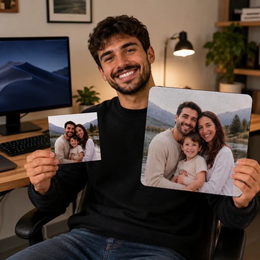 Illustration du principe du tapis de souris personnalisé Tapigami : la photo de référence envoyée par e-mail à côté du rendu imprimé sur le tapis (rendu illustratif, pas une photo de client réel)