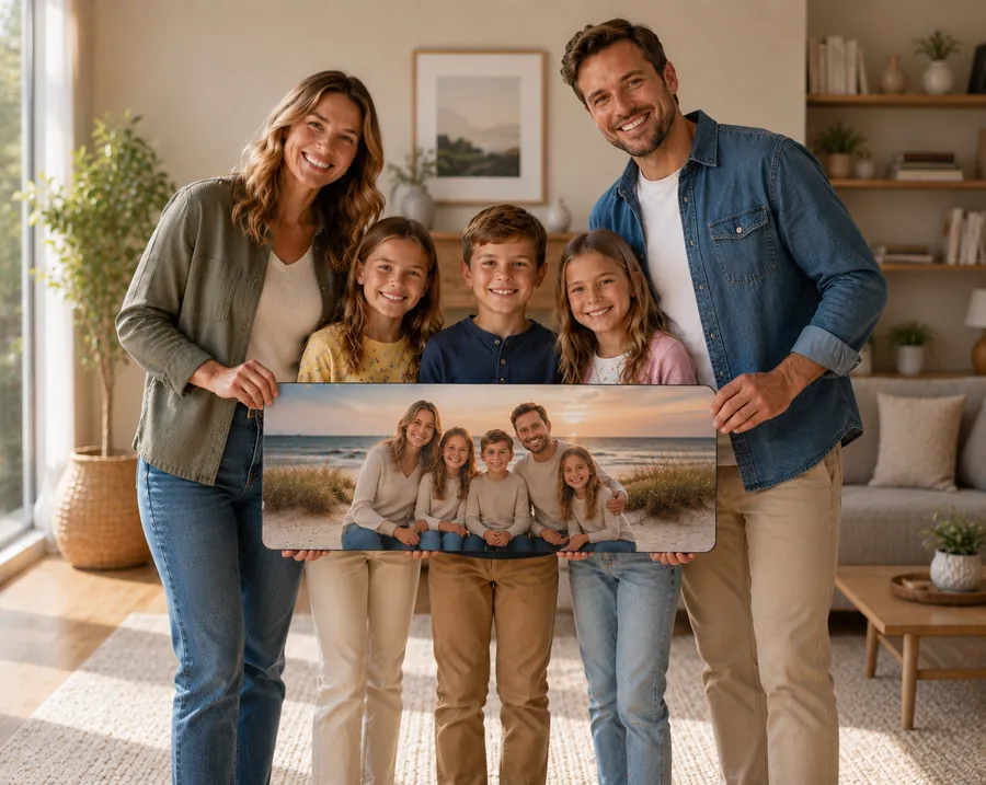 Illustration du concept de tapis de souris personnalisé Tapigami : une famille tenant un tapis imprimé avec leur photo de vacances (rendu illustratif, pas une photo de client réel)