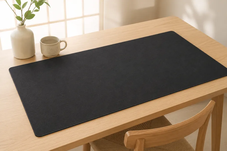 Tapis de bureau Tapigami uni noir posé sur une table en bois clair, lumière du matin près d'une fenêtre