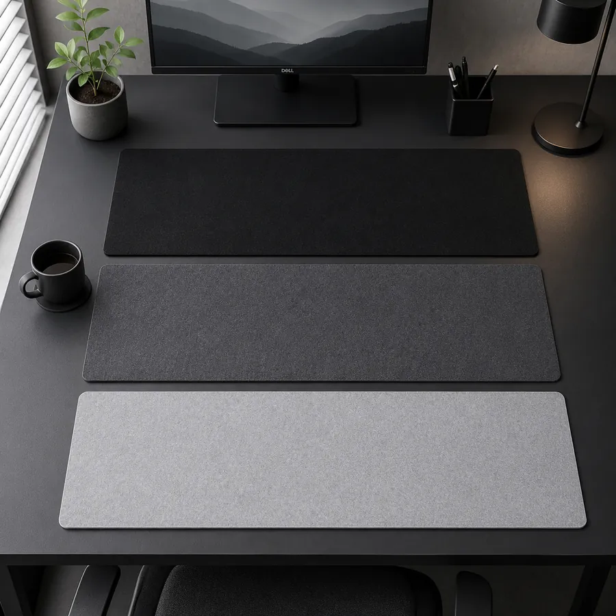 Trois tapis de bureau Tapigami gris clair, gris béton et noir empilés sur un bureau sombre, sous un écran et une lampe