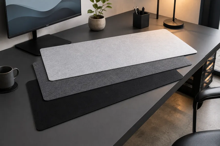 Trois tapis de bureau Tapigami gris clair, gris béton et noir présentés en éventail sur un bureau d'angle