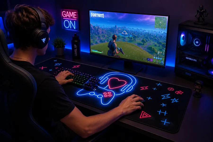 Setup gaming néon bleu avec un tapis de souris Tapigami à motif néon posé sous le clavier et la souris