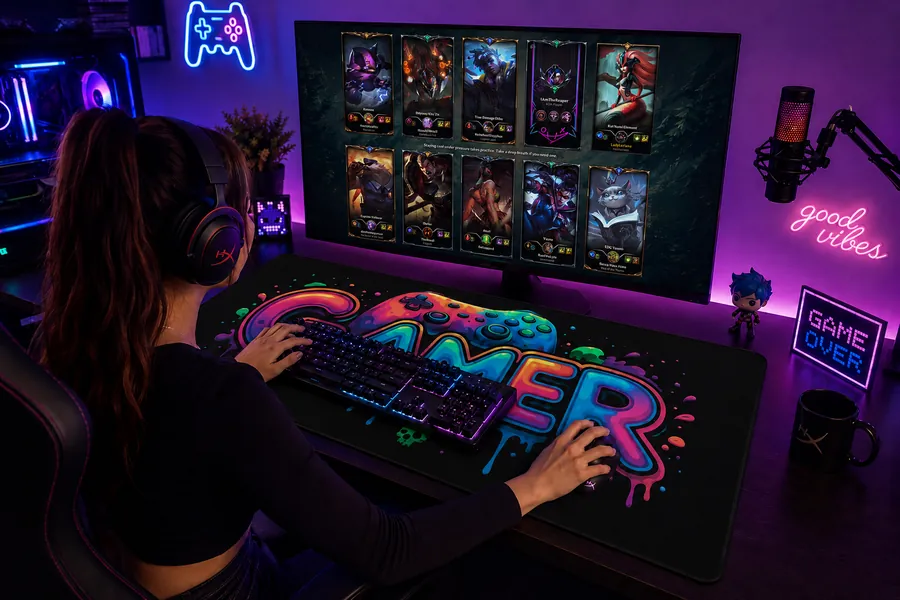 Setup gaming néon violet et rose avec un tapis de souris Tapigami GAMER fluo sur le bureau