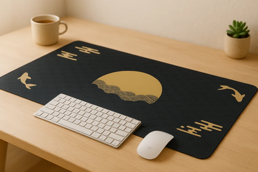 Tapis de souris XXL Tapigami motif japonais Lune d'or et carpes koï installé sous clavier et souris