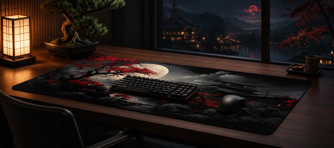 Tapis de souris XXL japonais à grande lune blanche, érable rouge et pagode dans les nuages, posé sur un bureau en bois sombre avec clavier et souris noirs, lanterne allumée et bonsaï à côté