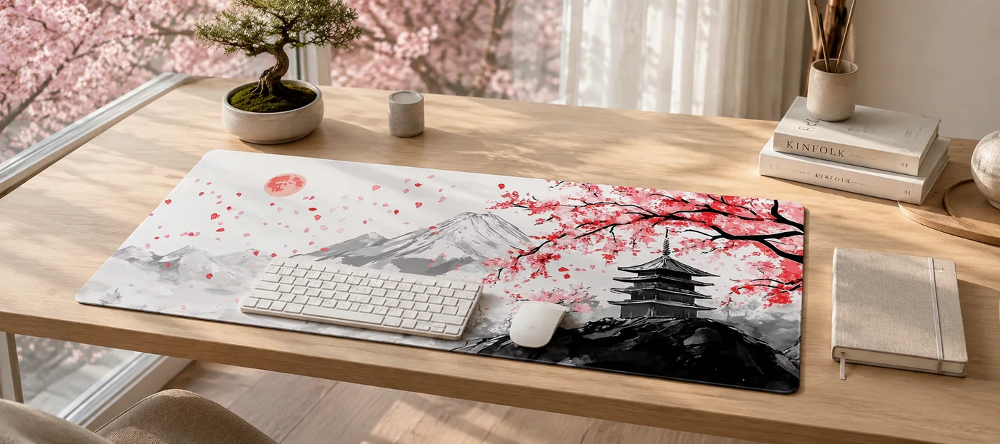 Tapis de souris XXL japonais mêlant mont Fuji à l'encre grise, soleil rouge et cerisier rose avec pagode noire, sur un bureau en bois clair avec clavier et souris blancs, devant une fenêtre aux cerisiers en fleur