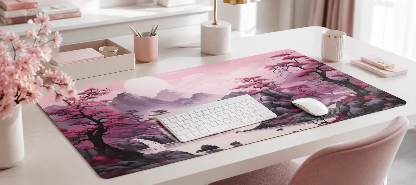 Tapis de souris XXL au motif cerisiers roses et montagnes violettes, déroulé sur un bureau blanc avec clavier et souris blancs