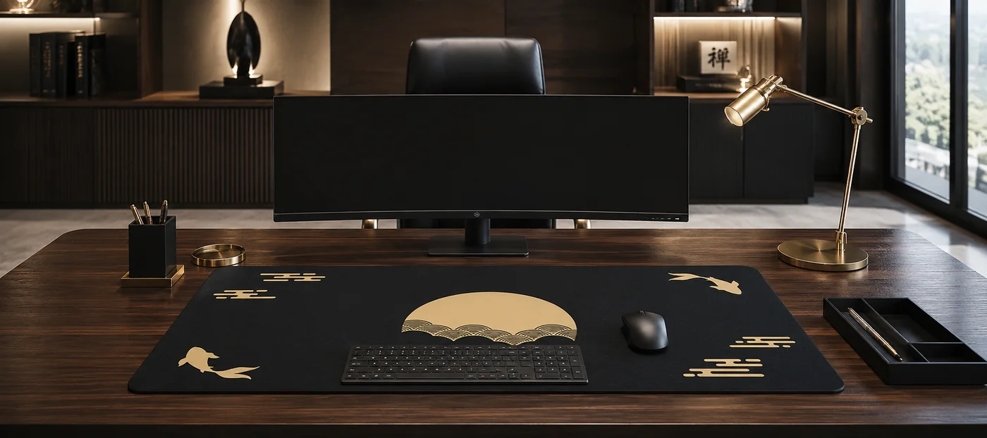 Tapis de souris XXL noir orné d'une lune dorée sur des vagues concentriques et de deux carpes koï dorées, posé sur un bureau en bois foncé avec clavier et souris noirs, écran ultra-large et lampe en laiton