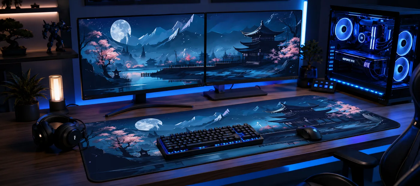 Tapis de souris XXL au paysage japonais nocturne bleu avec lune, cerisiers roses et pagode, posé sous un clavier rétroéclairé bleu dans un setup gaming à deux écrans reprenant le même paysage