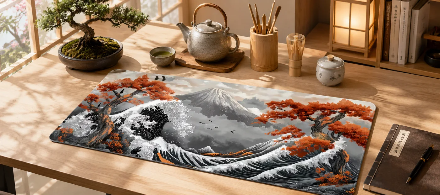 Tapis de souris XXL japonais représentant la Grande Vague en gris et blanc devant le mont Fuji, encadrée d'érables orange, posé sur un bureau en bois clair avec théière, bol de matcha et bonsaï
