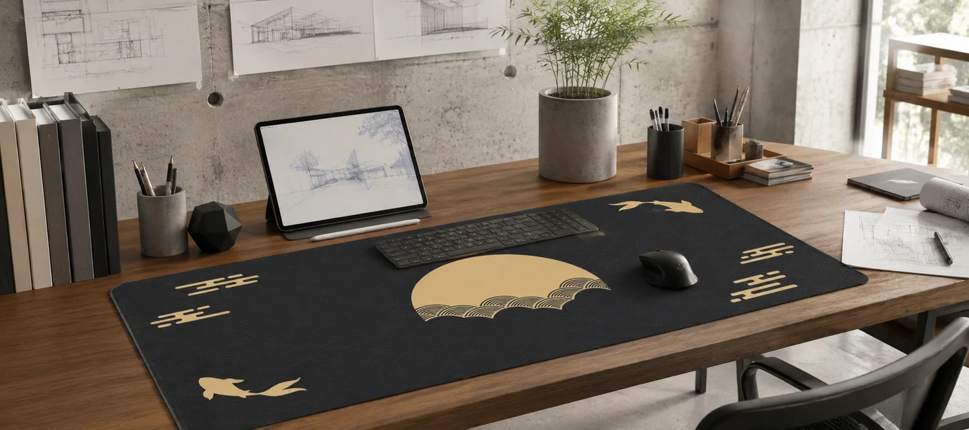 Tapis de souris XXL noir au motif lune dorée, vagues seigaiha et carpes koï, posé sur un bureau en bois avec tablette, clavier et souris