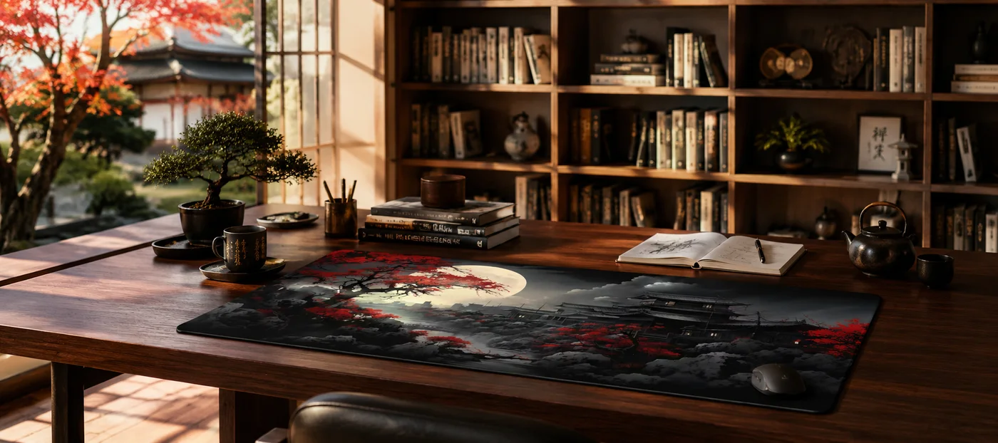 Tapis de souris XXL japonais à lune pâle, cerisier rouge et temple sombre dans les nuages, déroulé sur un bureau en bois foncé avec souris noire, devant une bibliothèque et un jardin aux érables rouges