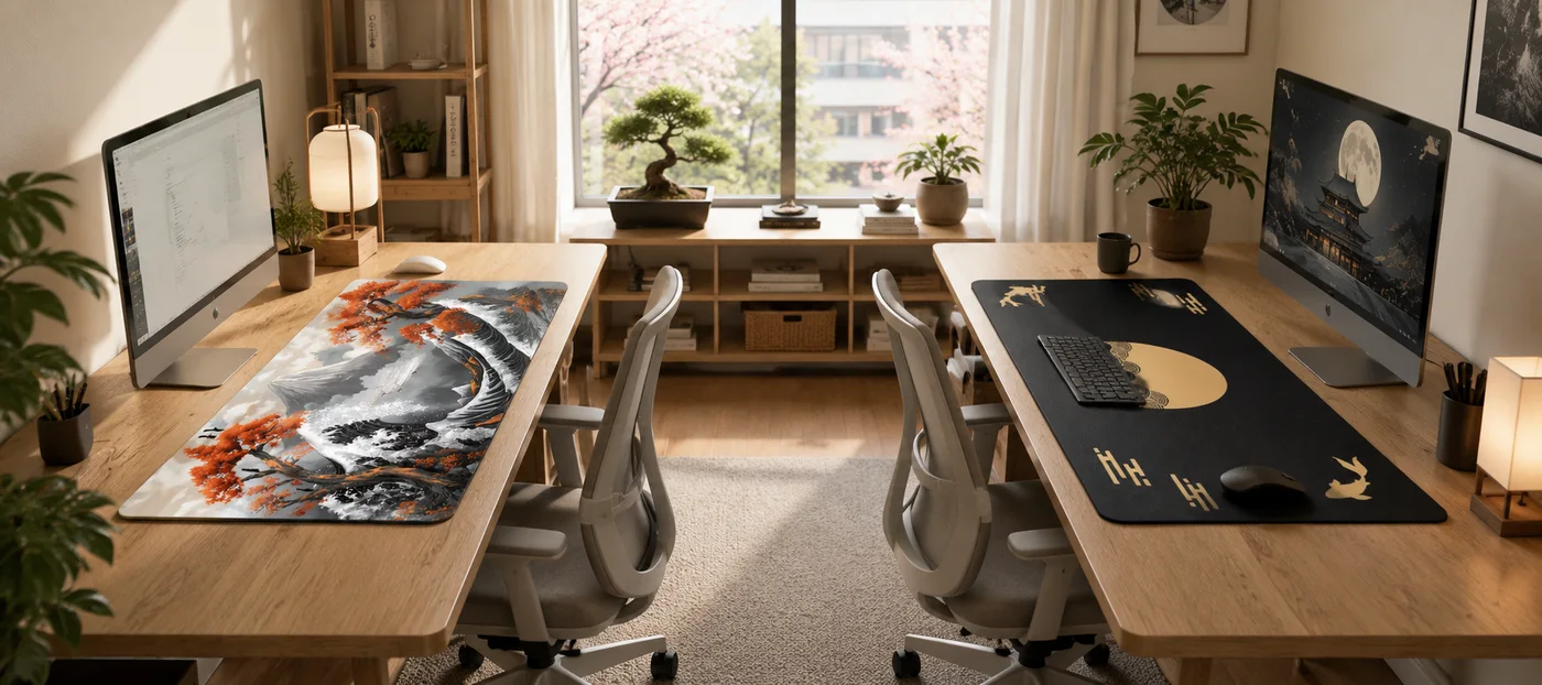 Deux bureaux face à face équipés de tapis XXL différents : érable orange et vague grise à gauche, lune dorée et carpes koï sur fond noir à droite