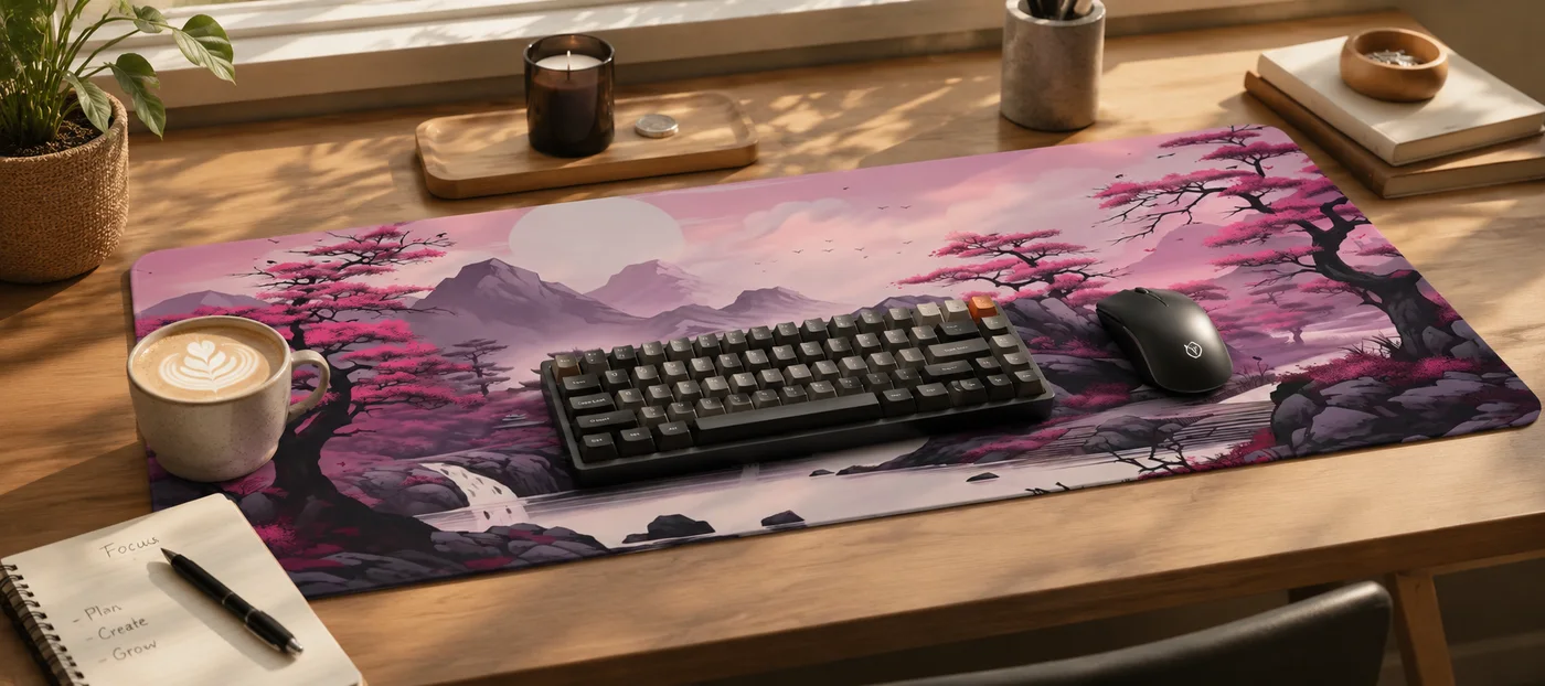 Tapis de souris XXL japonais aux montagnes et arbres roses et violets traversés d'une rivière, sur un bureau en bois clair avec clavier mécanique sombre, souris noire, tasse de cappuccino et carnet