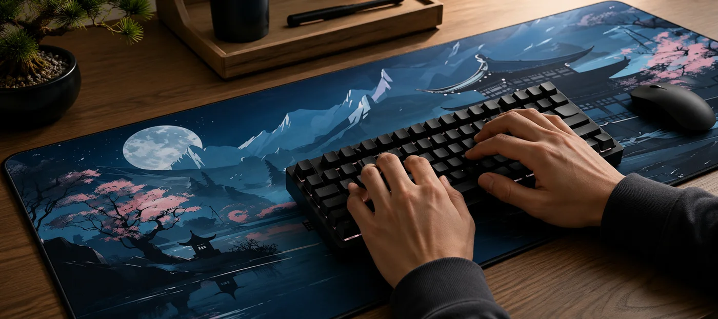Tapis de souris XXL au motif japonais nocturne (pleine lune, montagnes enneigées, cerisiers roses et pagode) avec deux mains qui tapent sur un clavier noir posé dessus