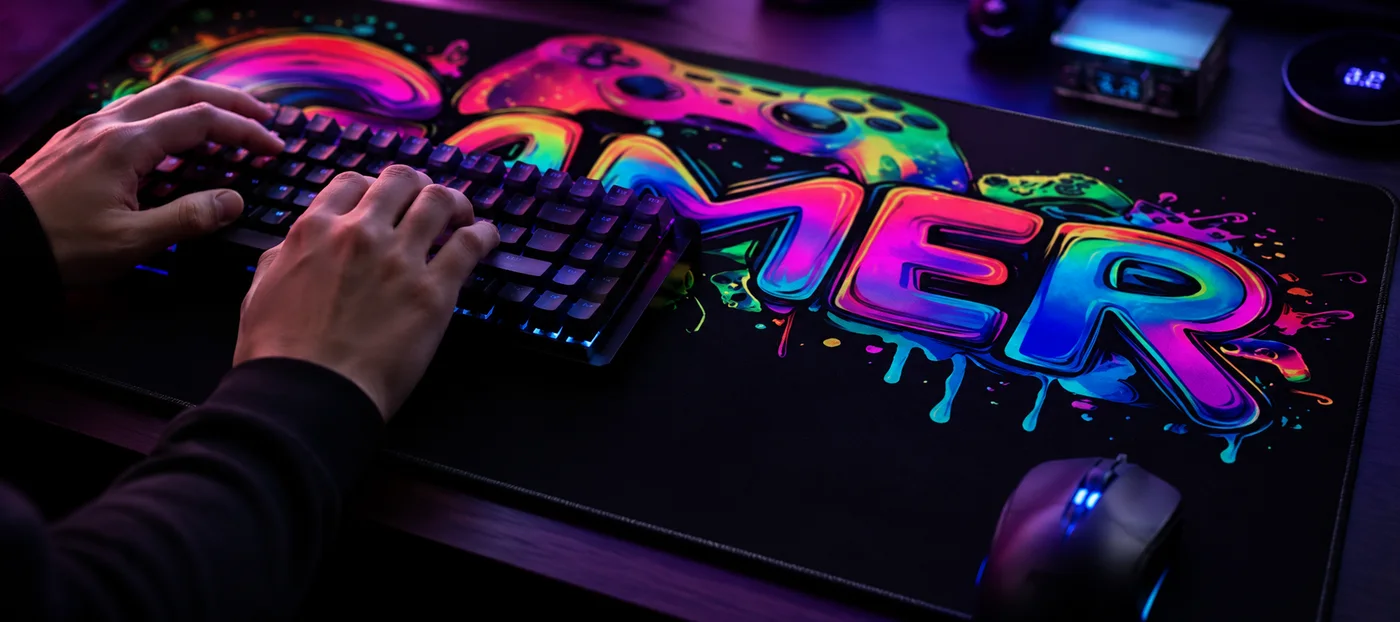 Gros plan sur deux mains tapant sur un clavier mécanique posé sur un tapis de souris XXL noir au lettrage GAMER néon multicolore, souris éclairée à droite