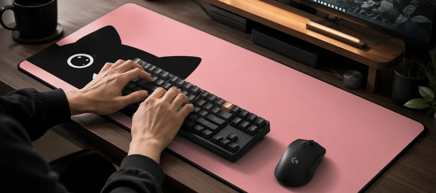 Tapis de souris XXL rose orné d'un chat noir, avec un clavier mécanique noir et une souris posés dessus sur un bureau en bois foncé