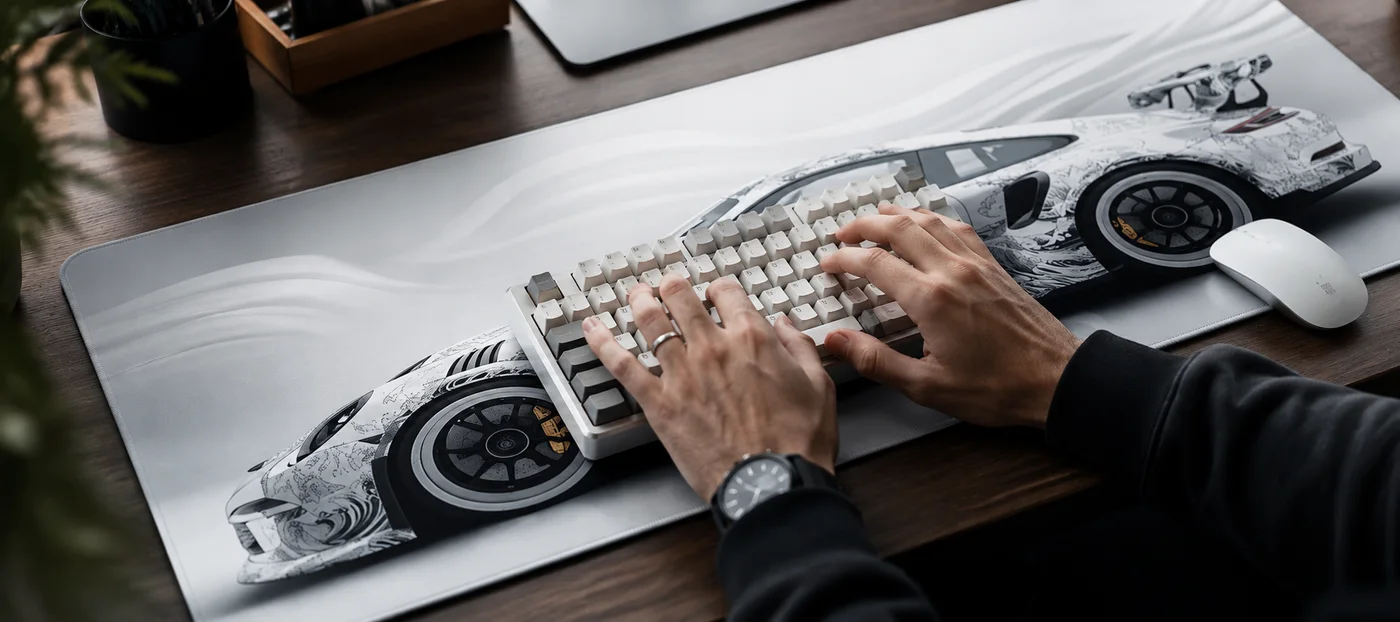 Mains en train de taper sur un clavier posé au centre d'un tapis de souris XXL au motif voiture de sport blanche, souris blanche à droite sur le même plan