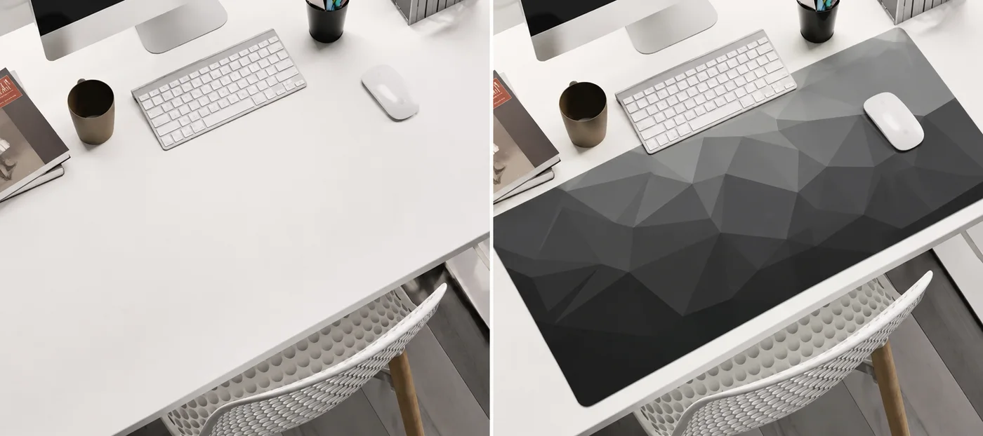Comparaison avant et après en plein jour sur un bureau blanc : à gauche le plateau nu avec clavier et souris blancs, à droite le même bureau avec un tapis XXL au motif Origami gris et noir à facettes triangulaires