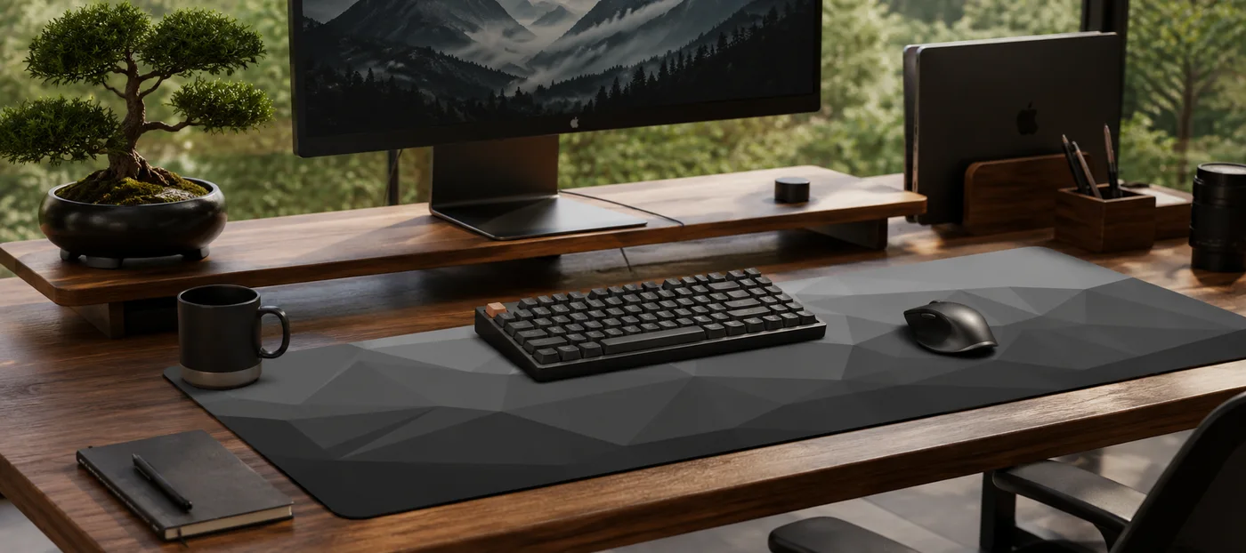 Tapis de bureau XXL Origami à facettes gris foncé sur un bureau en bois de noyer, clavier mécanique noir et souris posés dessus, mug, carnet et bonsaï autour, baie vitrée sur la végétation