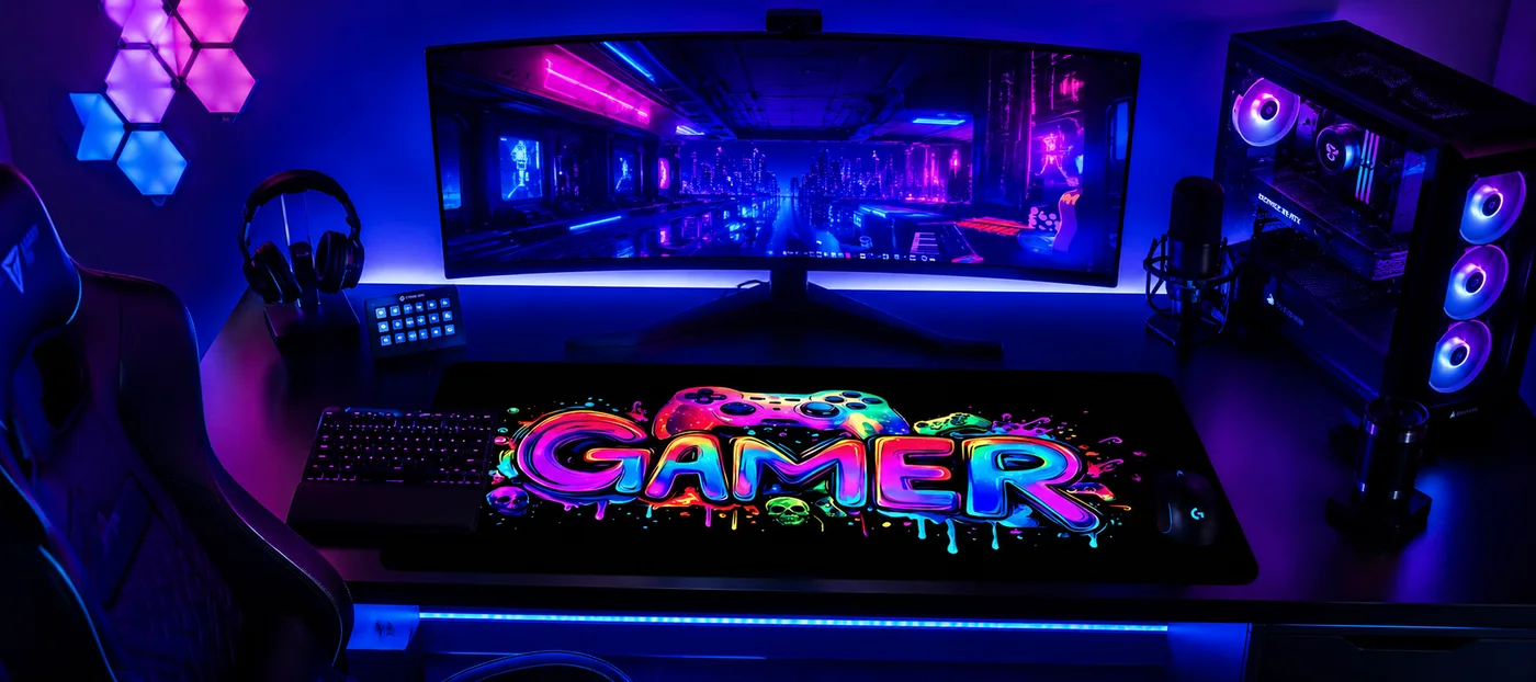 Setup gaming éclairé de nuit : panneaux LED hexagonaux violets au mur, tour vitrée à ventilateurs rétroéclairés, bandeau lumineux sous le plateau, clavier rétroéclairé et tapis de souris XXL noir au lettrage GAMER fluo, lui non éclairé