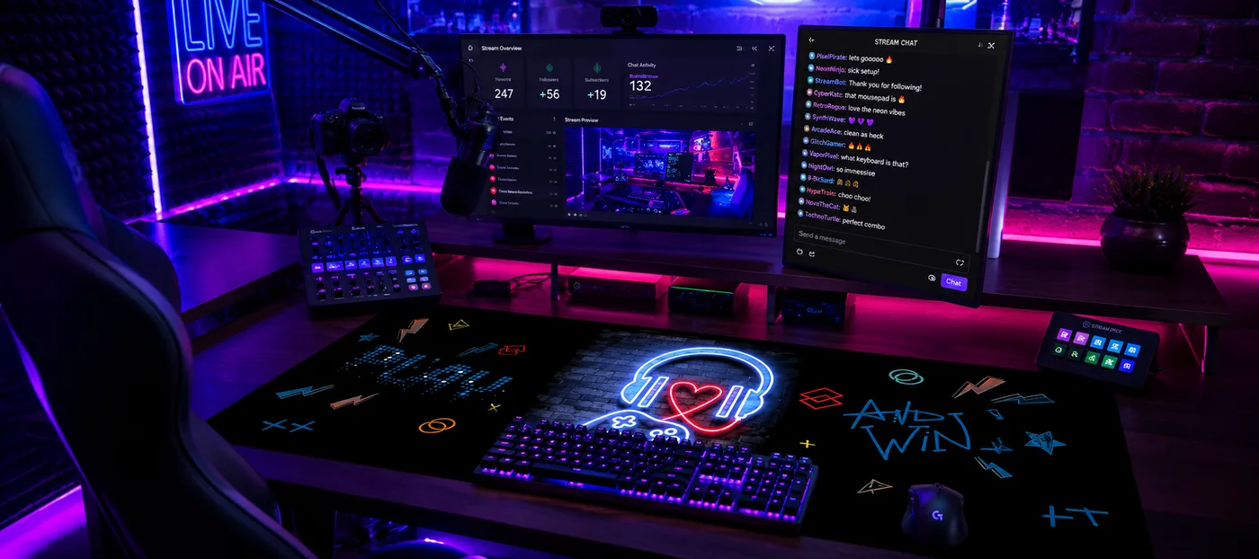 Tapis de souris XXL gaming à casque néon bleu, cœur rouge et doodles fluo, sur un poste de streaming avec clavier rétroéclairé, souris, double écran, micro et enseigne LIVE ON AIR