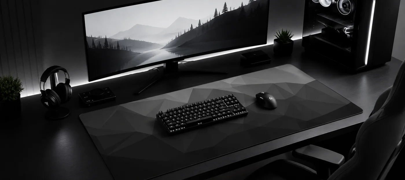 Tapis de bureau XXL au motif Origami gris et noir sur un bureau sombre, clavier mécanique noir et souris posés dessus, écran ultra-large et rétroéclairage blanc indirect derrière le mobilier