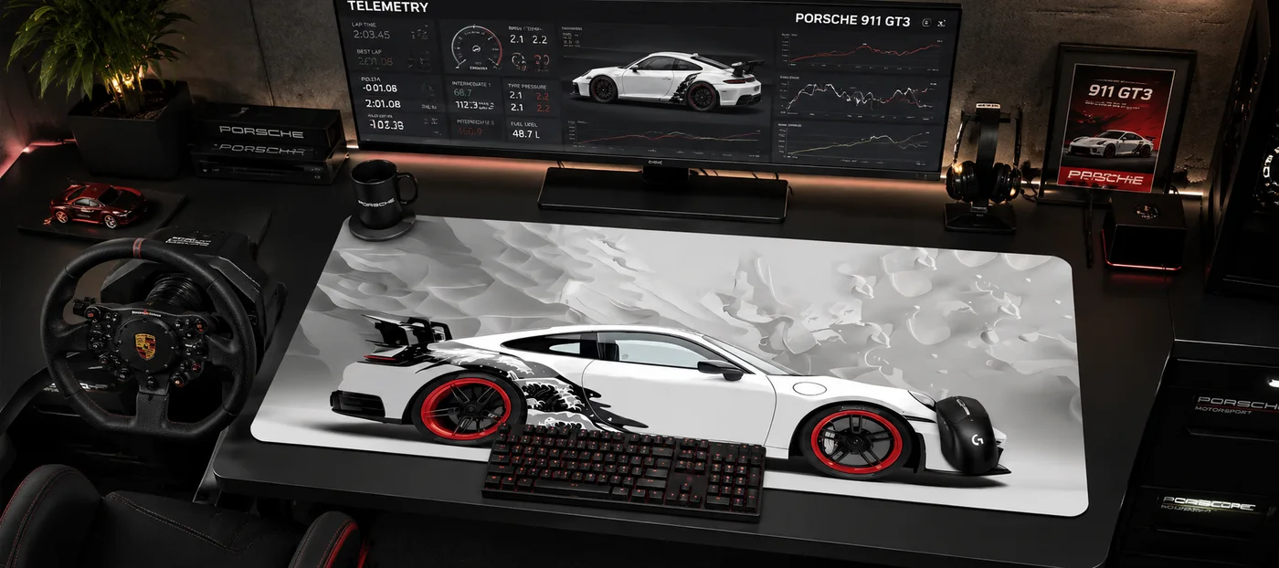 Tapis de souris XXL au motif voiture de sport blanche vue de profil, installé sur un poste de simulation de course avec volant, clavier mécanique et écran de télémétrie