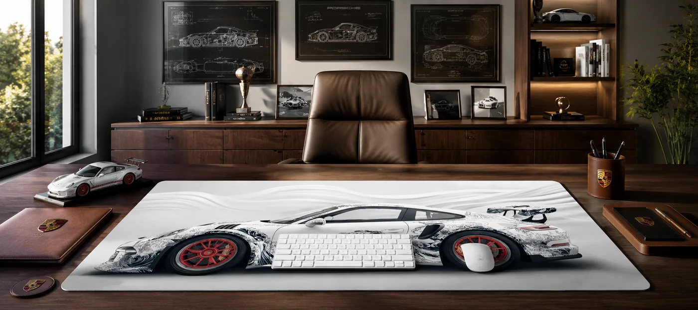 Tapis de souris XXL au motif voiture de sport blanche de profil, couvrant clavier et souris sur un bureau en bois foncé, devant un mur de plans encadrés