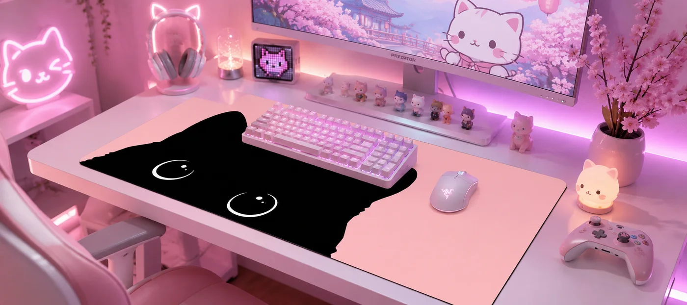 Tapis de souris XXL chat noir sur fond rose dans un bureau gaming pastel, clavier et souris blancs, néon en forme de chat au mur