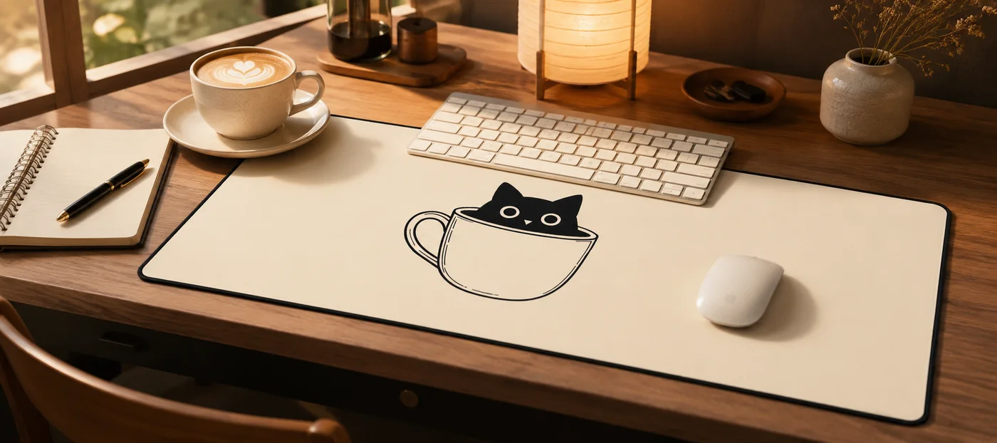 Tapis de souris XXL crème illustré d'un chat noir dans une tasse, sur un bureau en bois avec clavier blanc, souris blanche et cappuccino