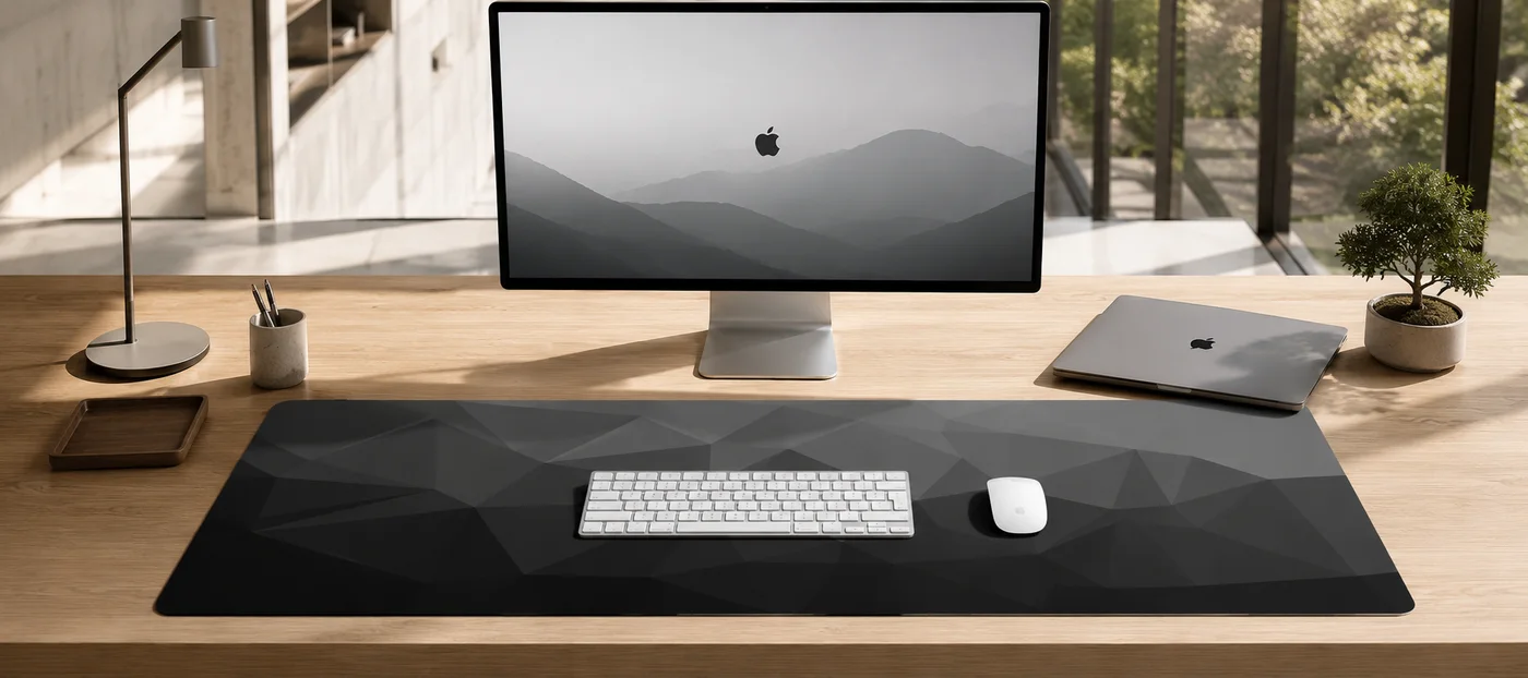 Tapis de bureau XXL Origami gris et noir déroulé sur un grand bureau en bois clair, clavier et souris blancs posés dessus, écran, ordinateur portable fermé et bonsaï autour
