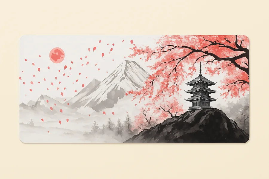 Tapis de souris XXL cerisier rouge et Mont Fuji style encre