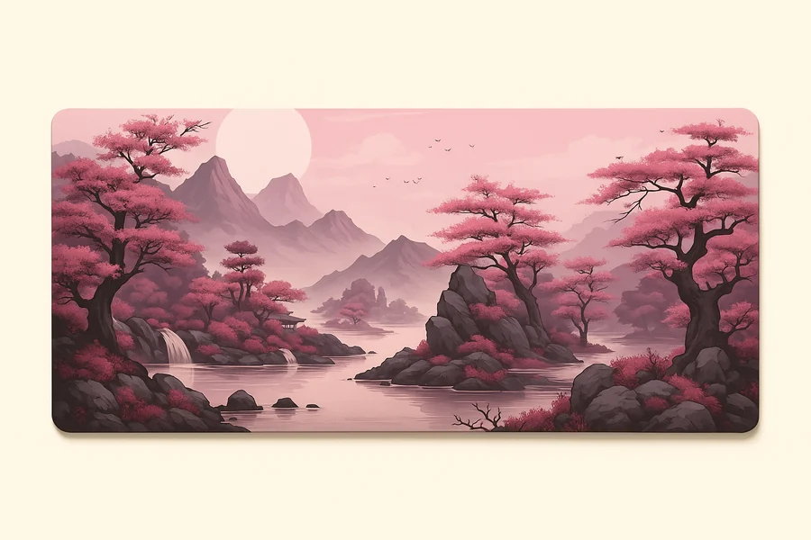 Tapis de souris XXL paysage japonais aux cerisiers roses
