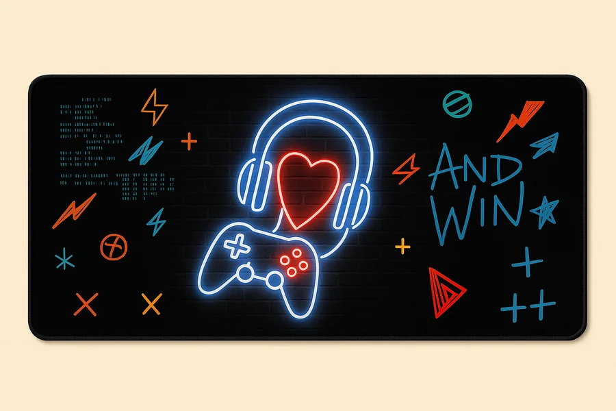 Tapis de souris XXL gaming néon avec manettes et casques dessinés